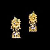 Necklace with peacock design meena and jhoomki pair in 18k gold with diamond polki.The peacock Meena necklace and jhoomki pair is a stunning set of jewelry that is sure to turn heads. - kmne3185