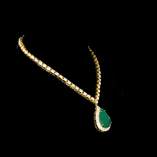 Single line necklace with diamond polki with columbian emerald pendant with full cut diamond. - KMNE3202