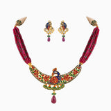 Necklace Timaniya with Peacock Meena, Uncut Diamond, Ruby Beads Drops and Emerald Beads-KMNE0553