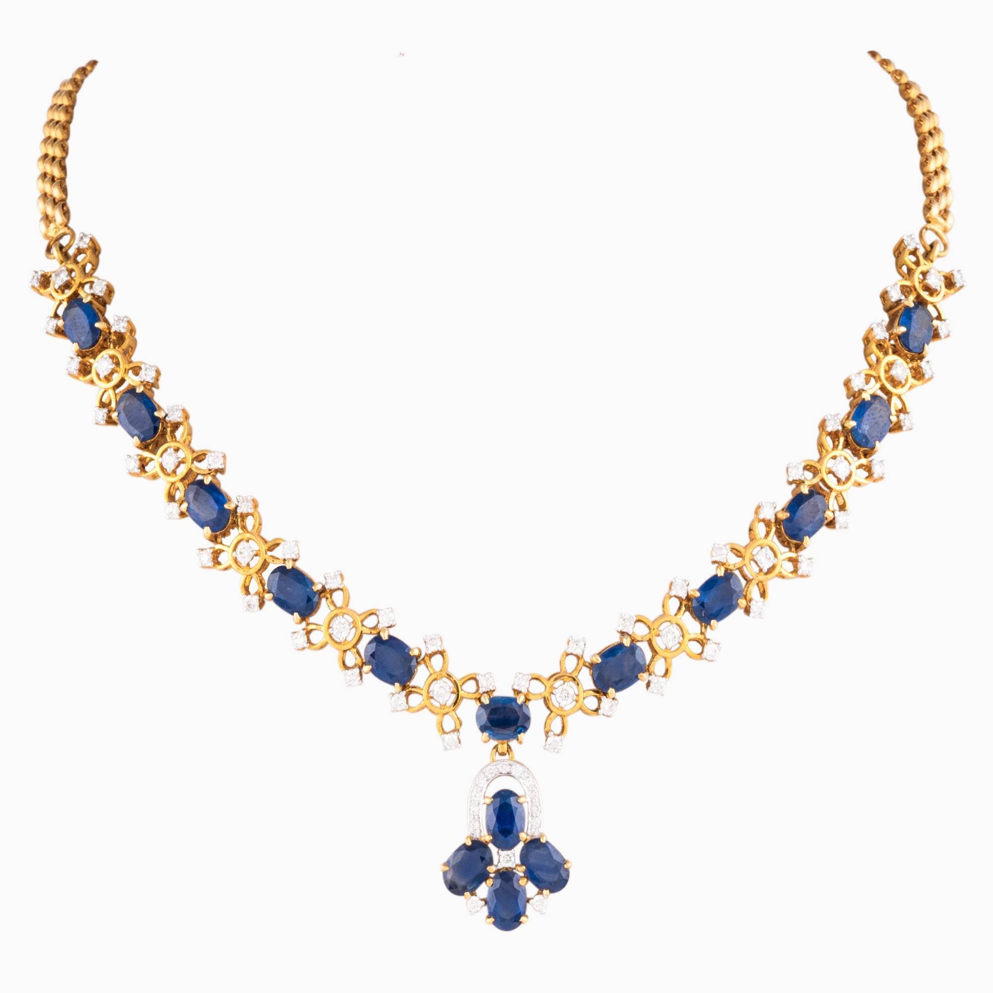 Necklace with Round Cut Diamond and Oval Cut Blue Sapphire -WDN865