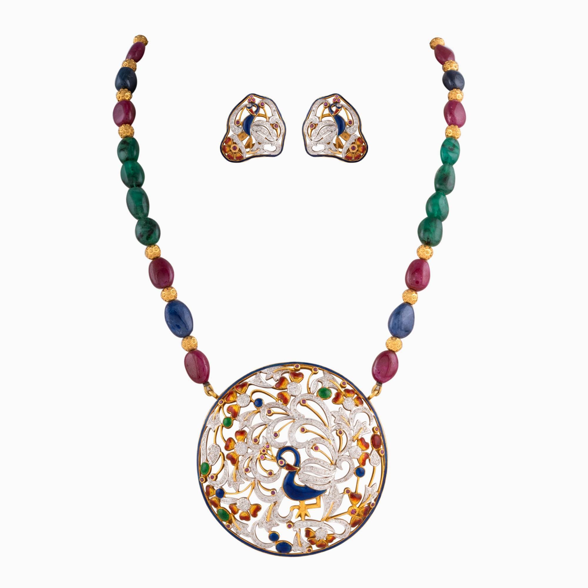 Pendant & Earrings with Peacock Meena with Round Diamond, Round Ruby, Gold Balls, Ruby, Emerald Maniya and Blue Sapphire Maniya - GDPE0363 /  GDPE0348