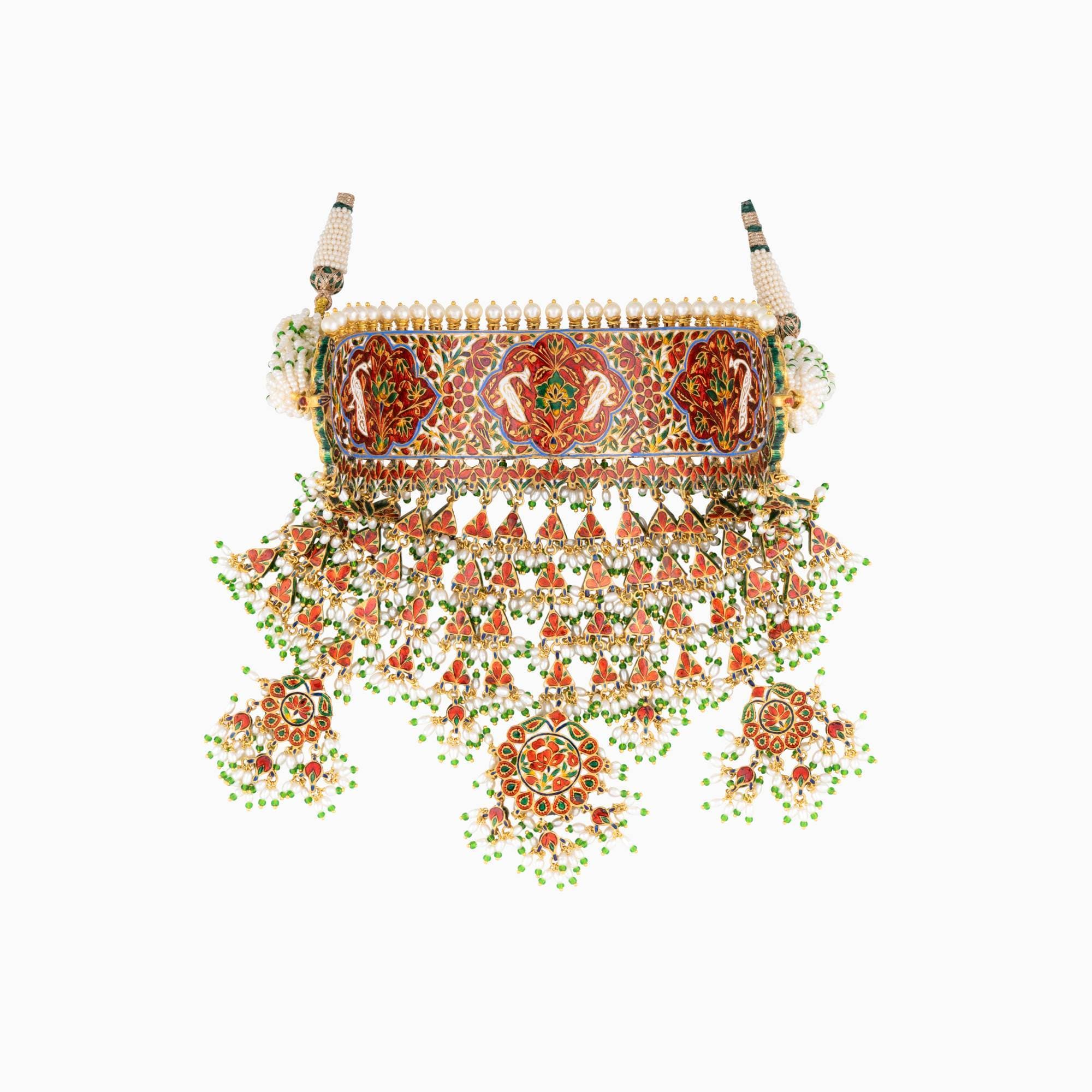 Necklace (Ard) with Green Meena, Moti Funger, Uncut Diamond, Japanese Pearls & Green Cheed(Handwork Enamel Doposta)- KMNE2863