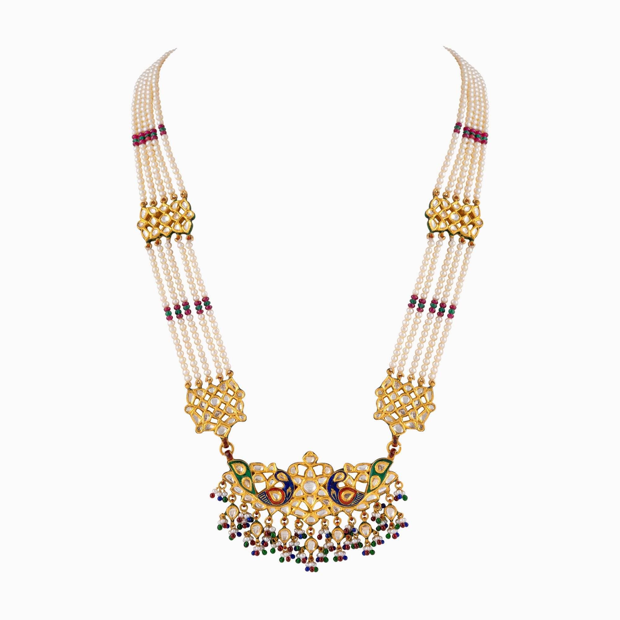 Necklace (Mini Patrihaar) with Uncut Diamond, Japanese Pearls and Cultured Pearls (Handwork Enamel Ekposta)- KMNE2868