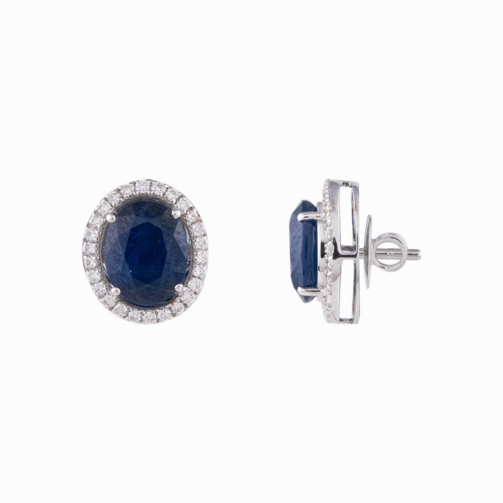18K Gold, Blue Sapphire & Diamond Halo Earrings - PGDE0239