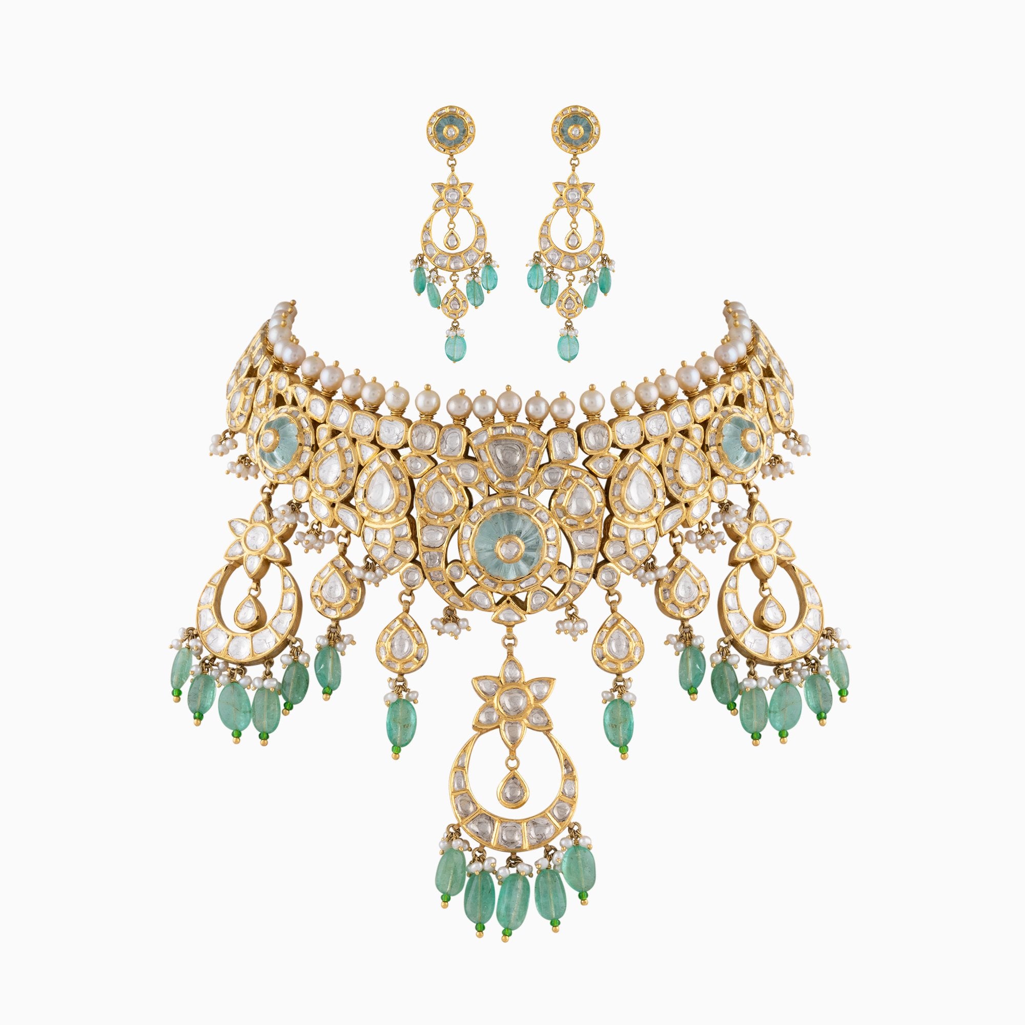 Necklace with Earrring Pair with Uncut Polki Diamond-KMNE2839