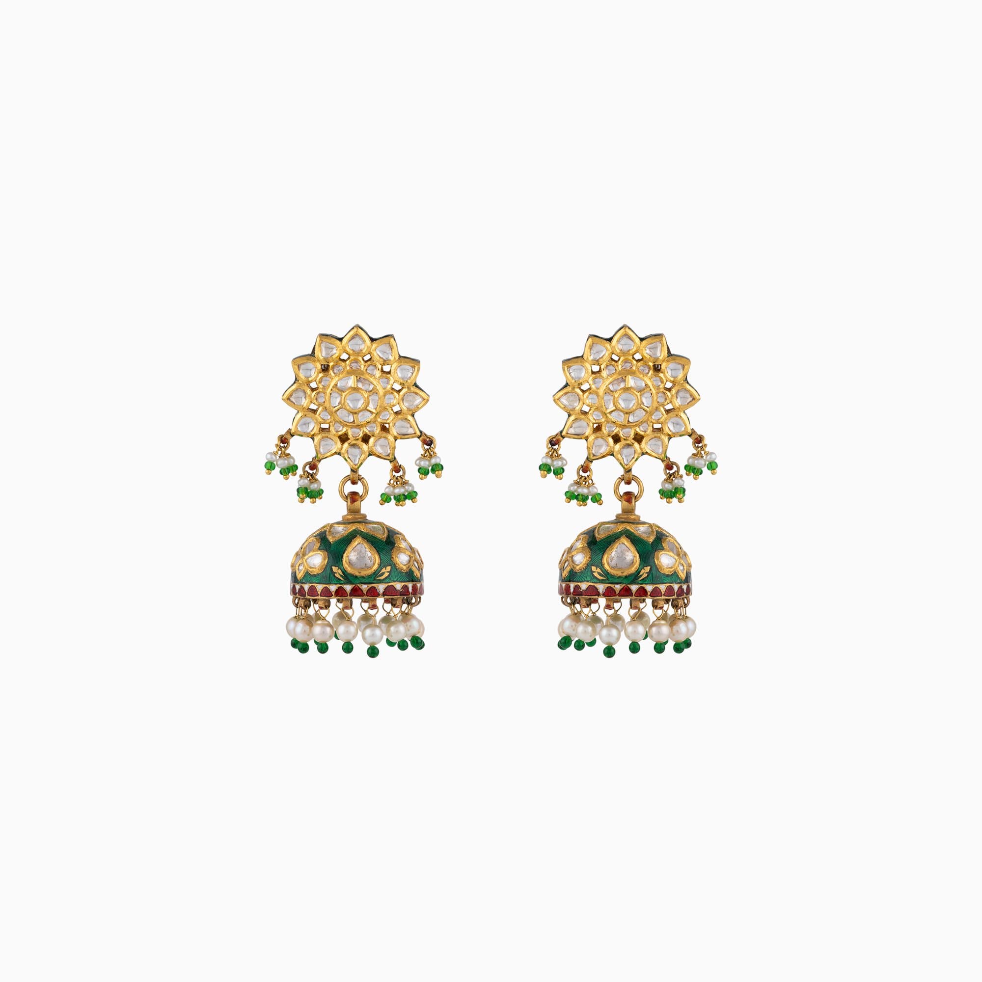 Jhoomki Pair with Green Meena, Uncut Diamond, Green Cheed and Pearls-KME1883