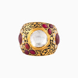 Ring with Partaz Work with Polki Diamond, Round Cut Diamond, Ruby-KMR0124