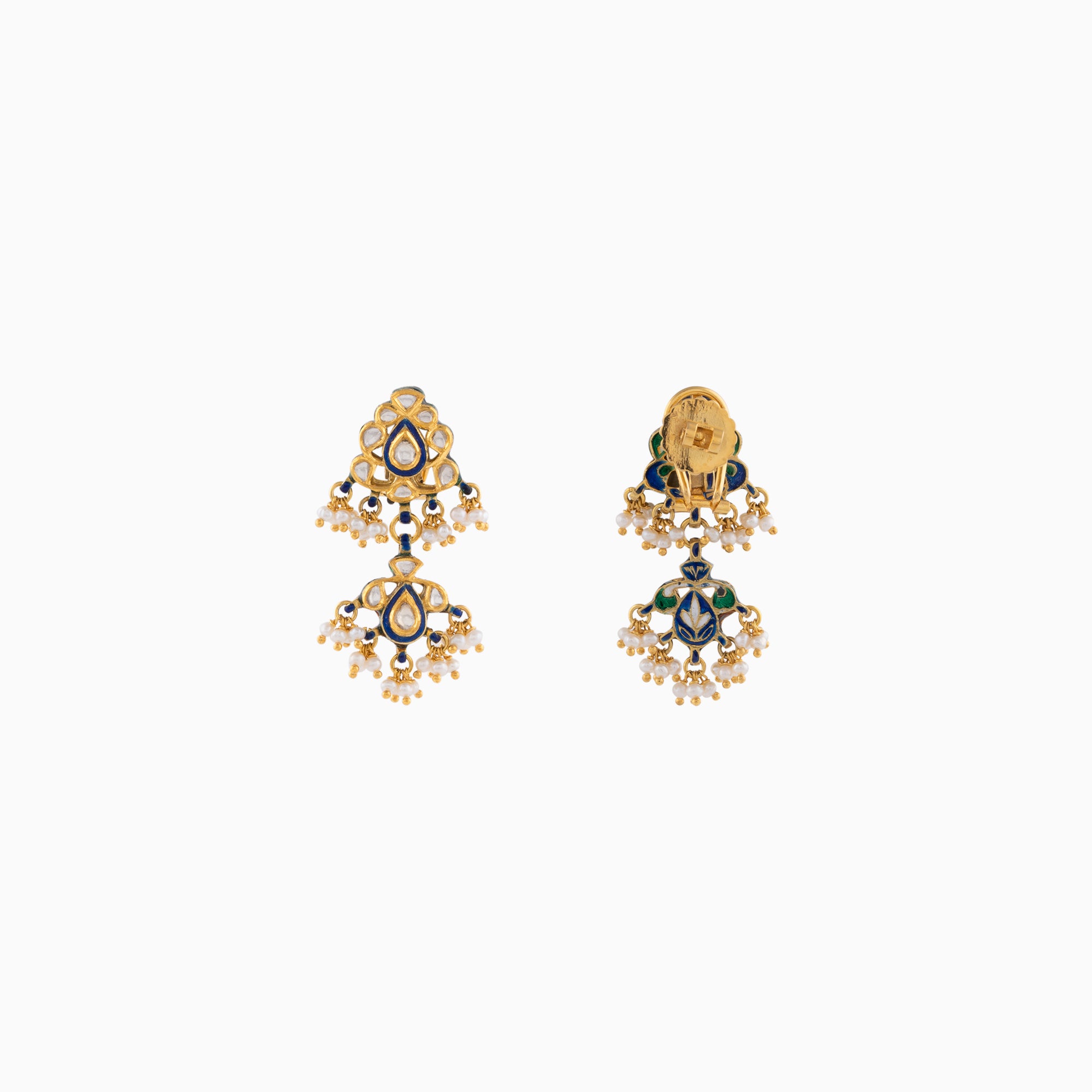 Earring Pair with Gold, Uncut Polki Diamond and Pearls-KMNE1641