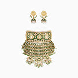 Necklace (Ard) with Green Meena, Moti Funger, Uncut Diamond, Japanese Pearls & Green Cheed(Handwork Enamel Doposta)- KMNE2863