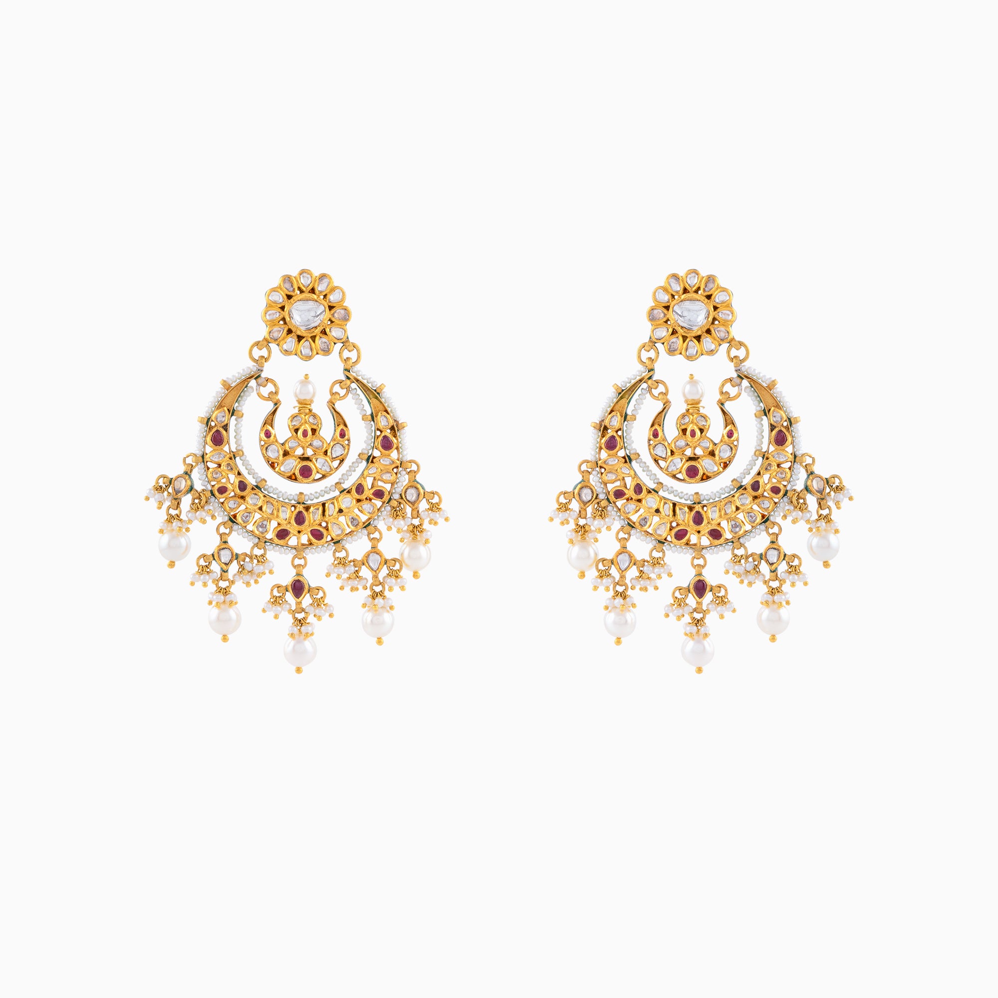 Earring Pair with Uncut Polki Diamond, Japanese Pearls and Pearls- KME1776