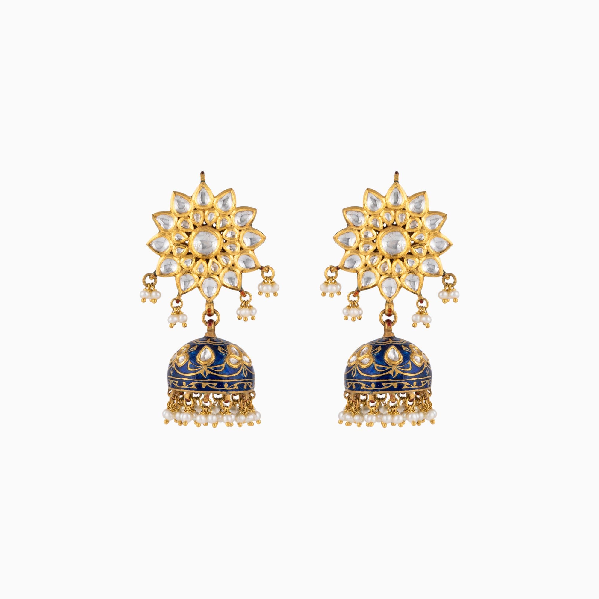 Jhoomki Pair with Blue Meena Uncut Polki Diamond and Pearl-KME1841