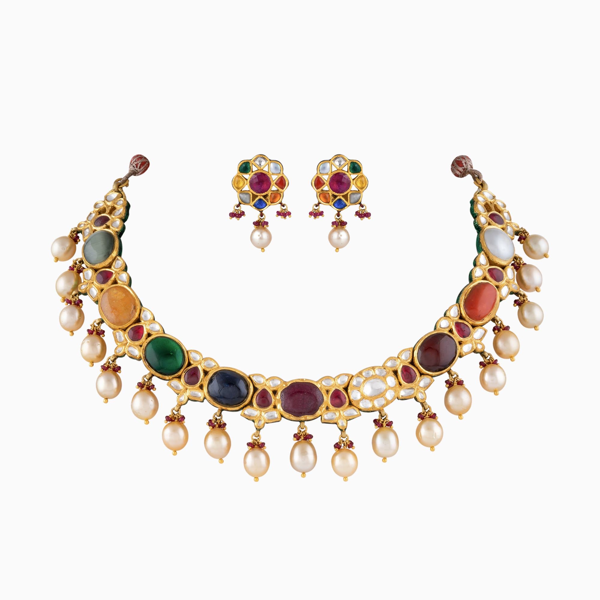 Necklace Set Navratan with S.S. Pearl and Polki Diamond- KMNE2764 + KME1847