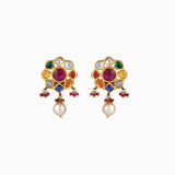 Earring Pair with Navratan c/st, Uncut Diamond, S.S. Moti, Ruby Beads-KME1847