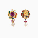 Earring Pair with Navratan c/st, Uncut Diamond, S.S. Moti, Ruby Beads-KME1847