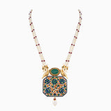 Pendant with Ruby Talaf, Emerald Carved with Uncut Diamond, Rose Cut Diamond, Ruby Beads and Pearls (Japanese, Cultured), S.S. Pearls-KMPE1112