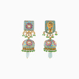 Earring Pair (Jhoomki) with Pink, Firoza Meena, Uncut Diamond, Emerald Maniya, Green Cheed and Pearls - KMNE2759