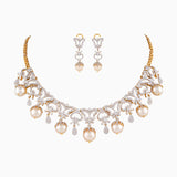 Necklace with Round Cut Diamond, Begg Cut Diamond, S.S. Pearls with Cap in Gold Chain + dia. begg. + s s moti + cap + gold chain-WDN942