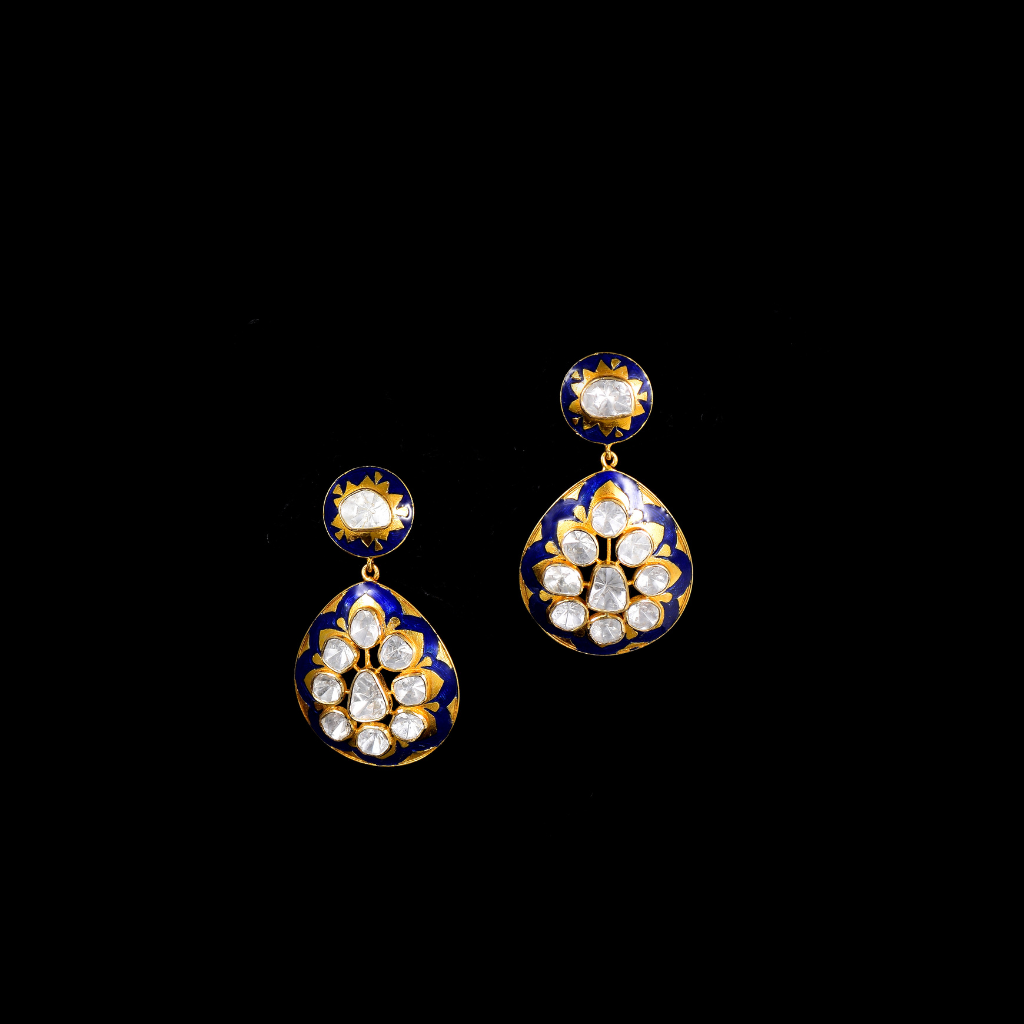 Earring pair with blue meena and  uncut diamond in 18k gold. - WDN1085