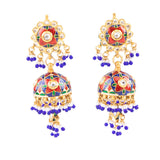 Red and blue meena tanmaniya necklace with jhoomki pair with Diamond polki and pearls KMNE3005