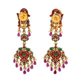 Multi meena elephant face long necklace and earring pair with Diamond polki and Ruby drops and pearls KMNE2887
