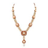 Long necklace and earring pair with red enamelled work with Diamond polki and pearls  KMNE2960