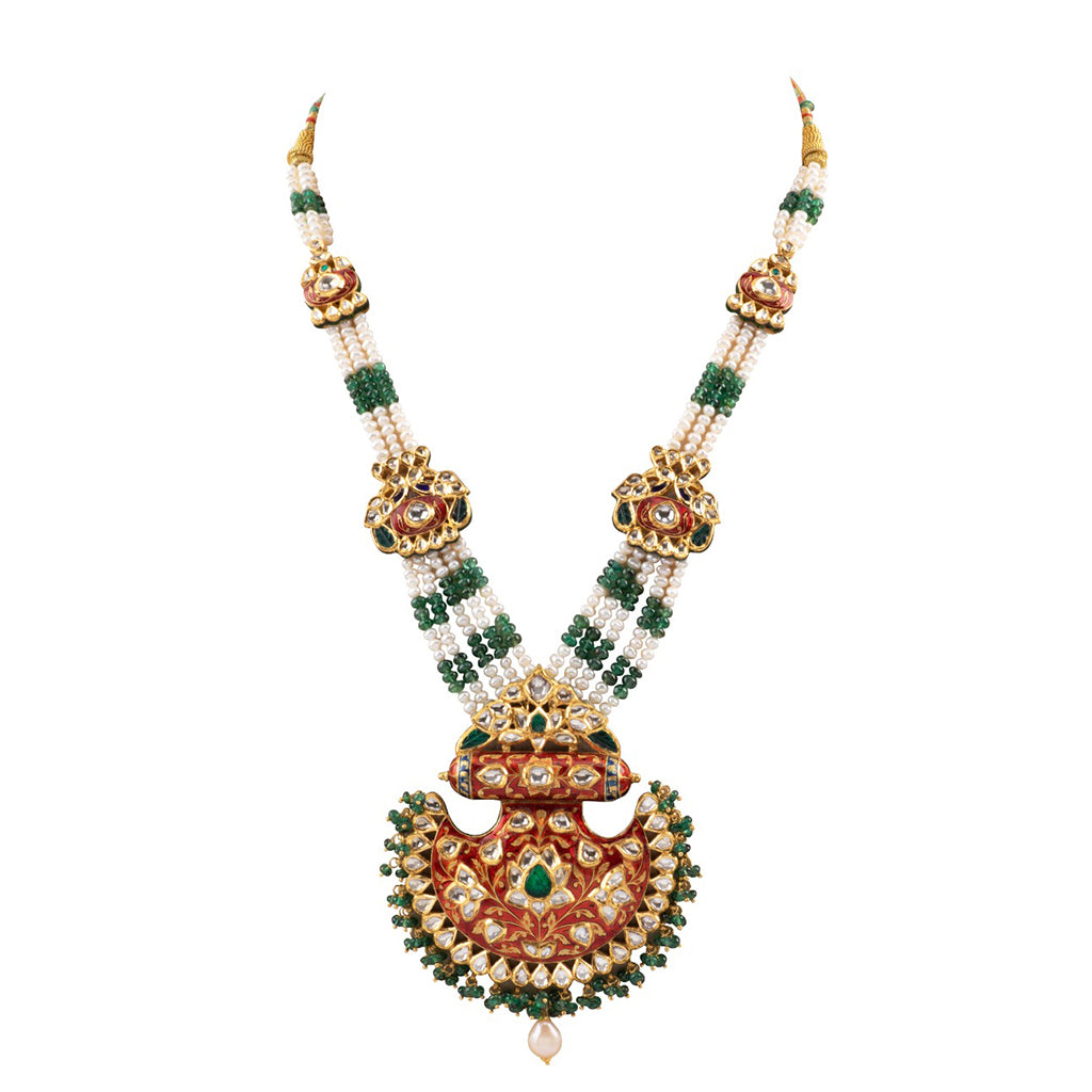 Red meena pankhi design necklace and earring pair with Diamond polki and emerald beads with pearls  KMNE3039