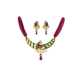 Necklace Timaniya with Peacock Meena, Uncut Diamond, Ruby Beads Drops and Emerald Beads-KMNE0553