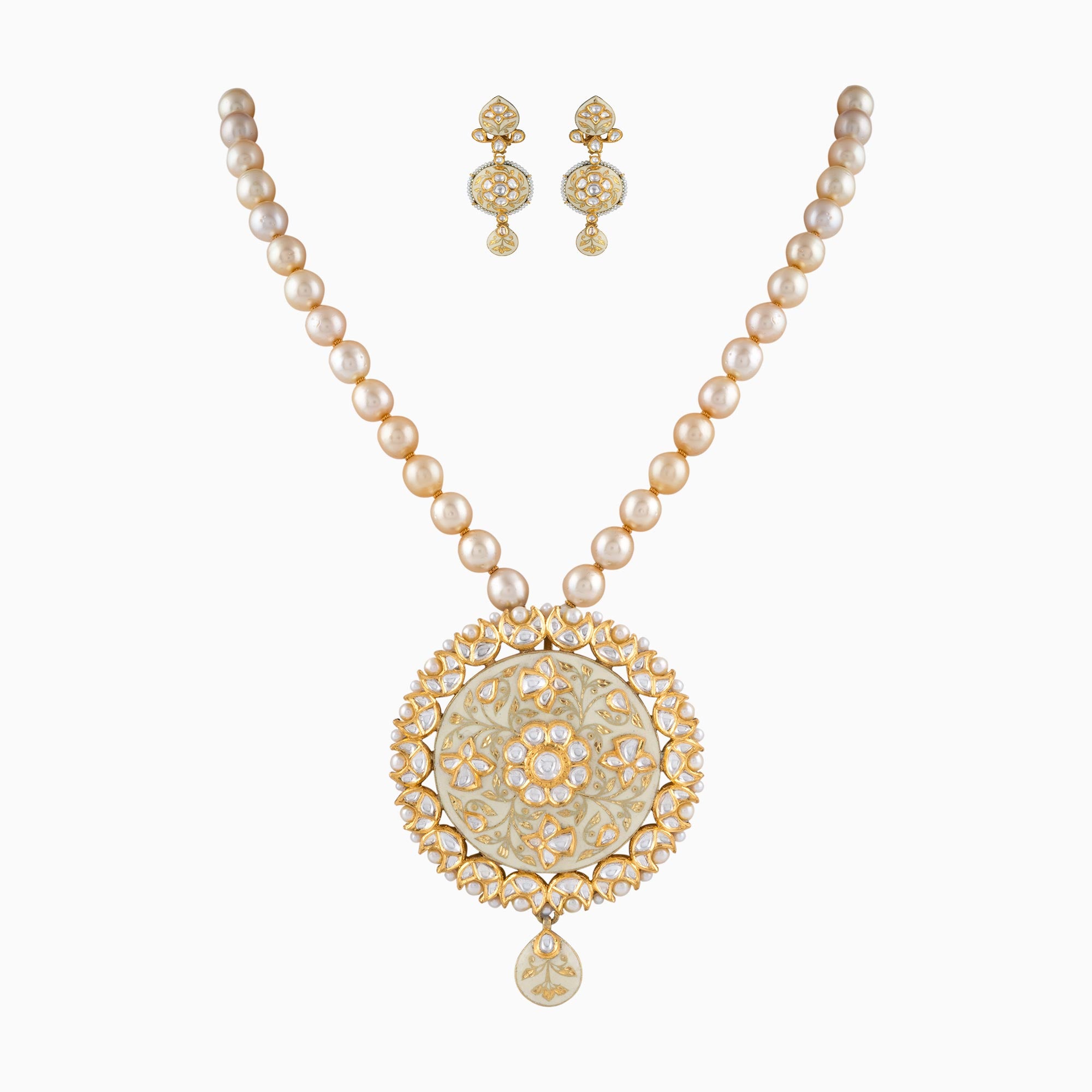 Pendant Yellow Meena with Uncut Polki Diamond, S.S. Pearls and Japanese Pearls-KMPE1101