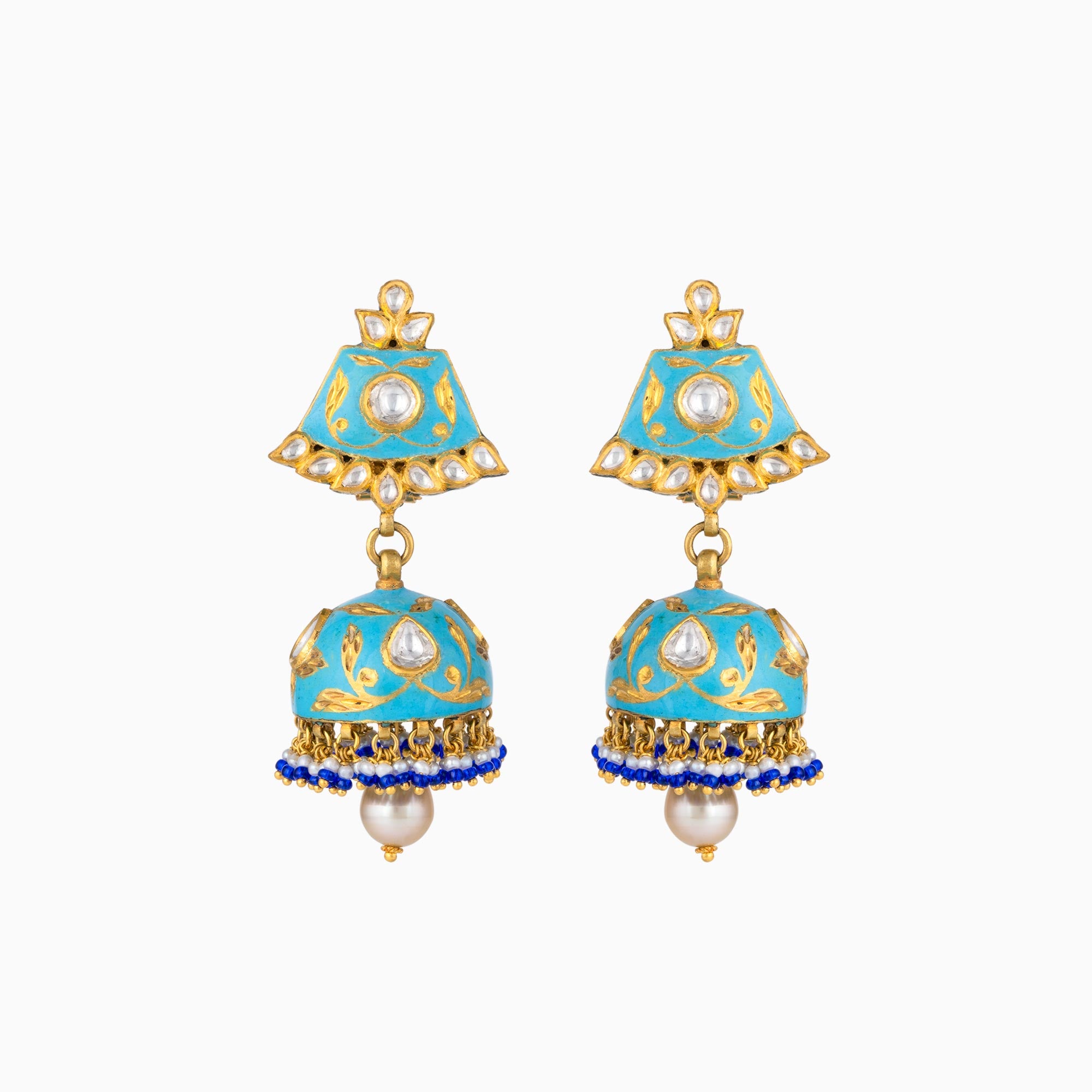 Jhoomki Pair with Firoza Meena, Uncut Polki Diamond, Cultuted Pearls and S.S. Pearls-KMNE2753