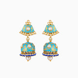 Jhoomki Pair with Firoza Meena, Uncut Polki Diamond, Cultuted Pearls and S.S. Pearls-KMNE2753